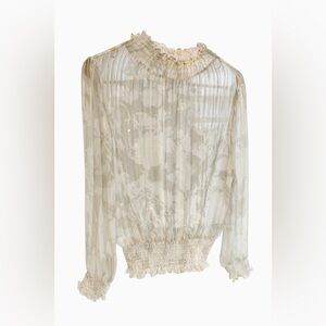 Trendy JS Sheer Floral Smocked Blouse Cream Gold Long Sleeve Romantic Boho Top